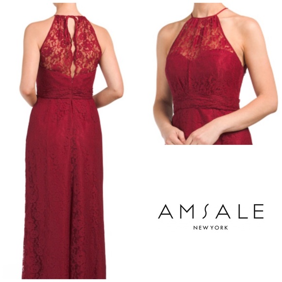 NEW Amsale Crimson Red Halter Lace Gown - Picture 3 of 8